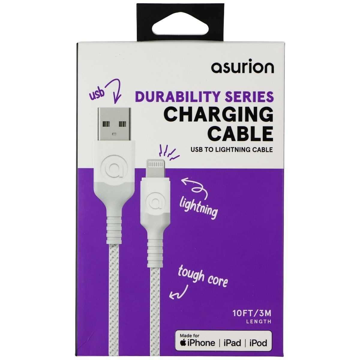 Asurion (10-Ft) Lightning 8-Pin To USB Braided MFi Cable - White (383186)