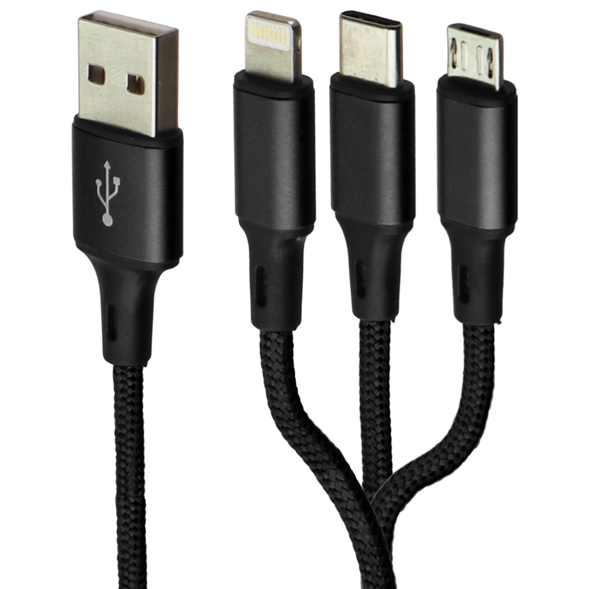 Zoda 3-in-1 USB-C/Lightning 8-Pin/Micro USB Braided Cable (4FT) - Black