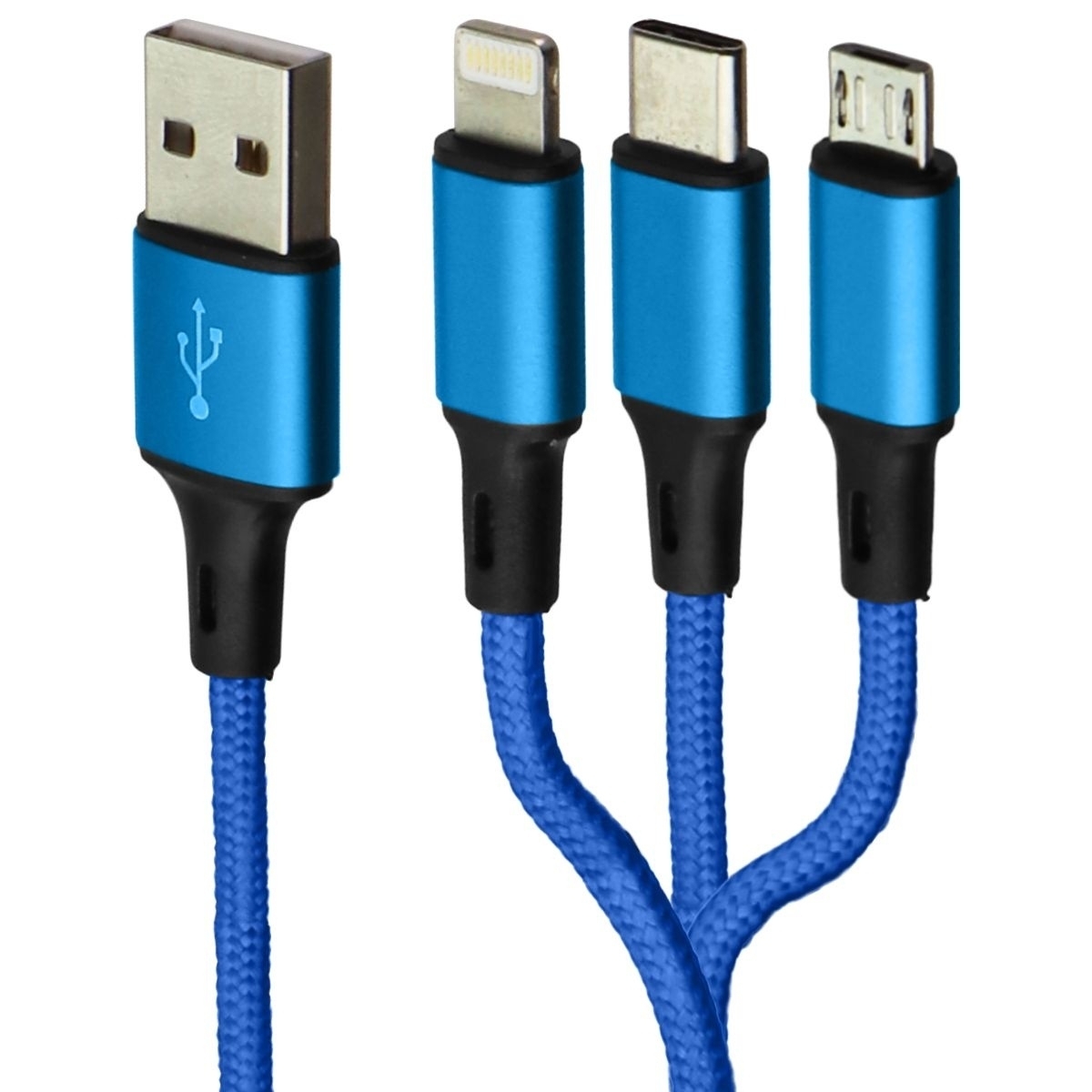 Zoda 3-in-1 USB-C/Lightning 8-Pin/Micro USB Braided Cable (4FT) - Neon Blue