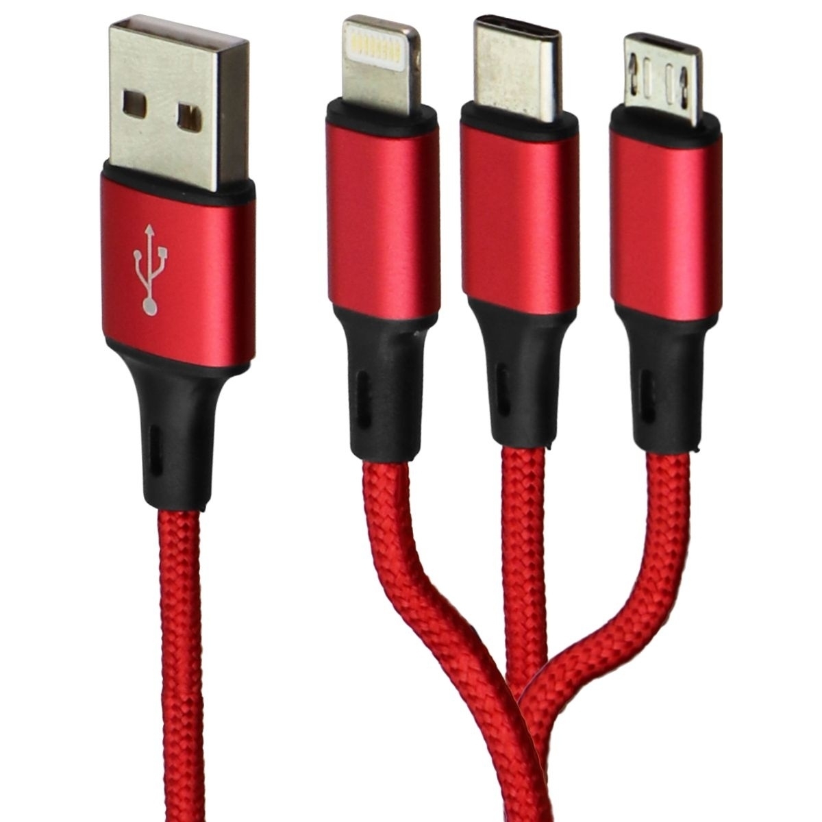 Zoda 3-in-1 USB-C/Lightning 8-Pin/Micro USB Braided Cable (4FT) - Red