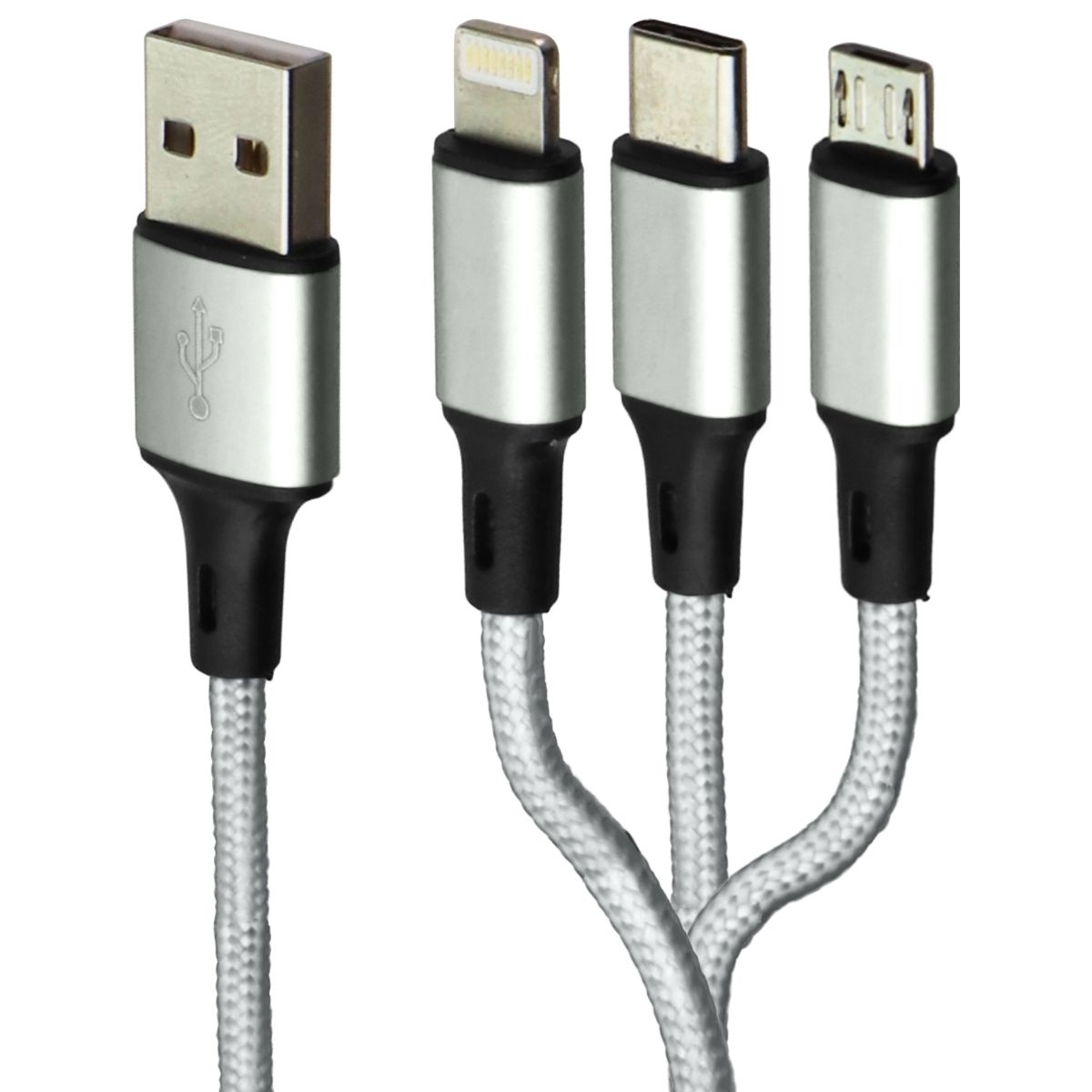 Zoda 3-in-1 USB-C/Lightning 8-Pin/Micro USB Braided Cable (4FT) - Silver
