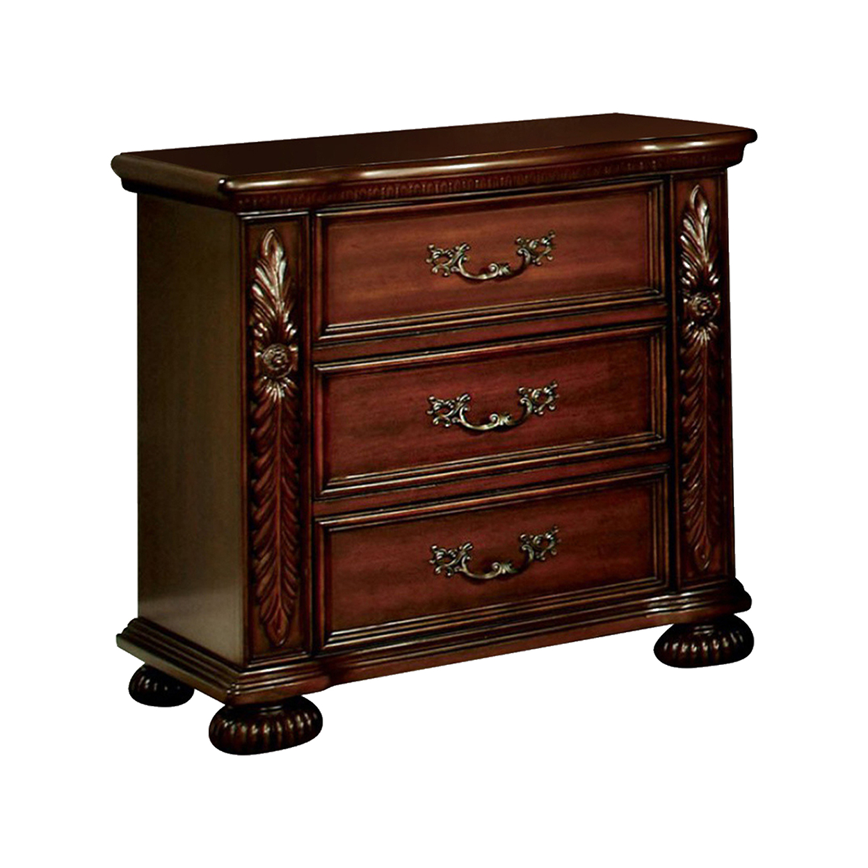 29 Inch Handcrafted Vintage Style Nightstand, 3 Drawers, Carved Trim, Cherry Brown Wood- Saltoro Sherpi