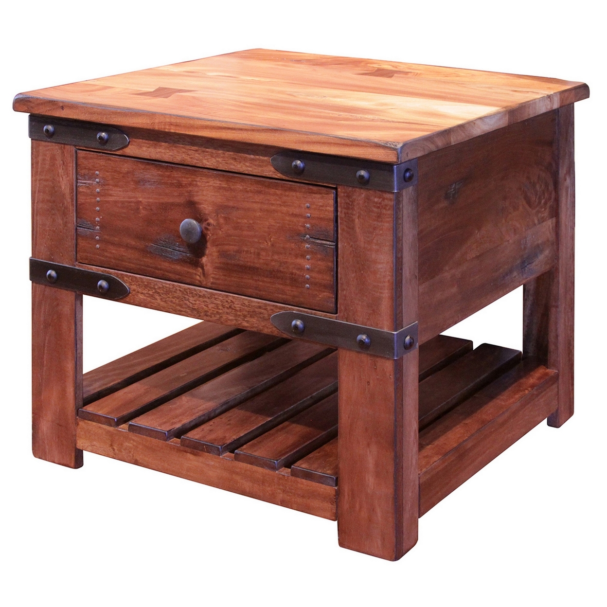 Umey 27 Inch 1 Drawer End Table, Slatted Shelf, Belt Accents, Brown Wood- Saltoro Sherpi