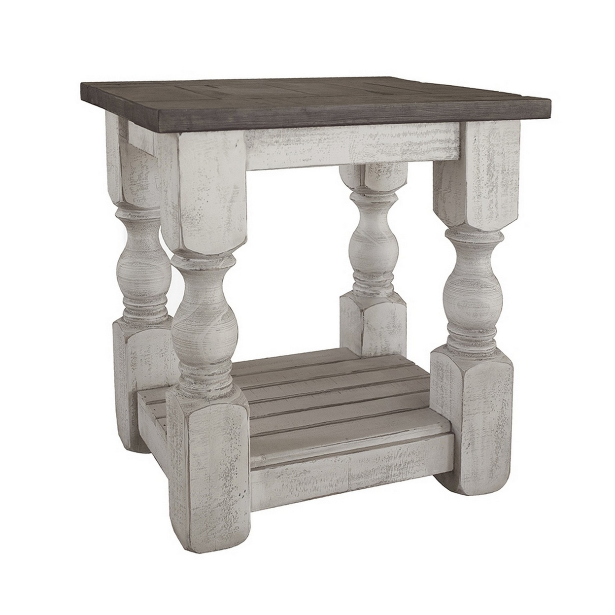Suga 24 Inch Chairside Table, Baluster Posts, Pine Wood, Ivory And Gray- Saltoro Sherpi