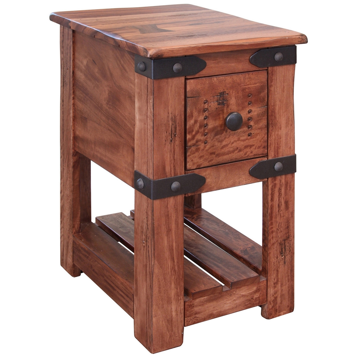 Umey 24 Inch 1 Drawer Narrow Chairside End Table, Belt Accents, Brown Wood- Saltoro Sherpi