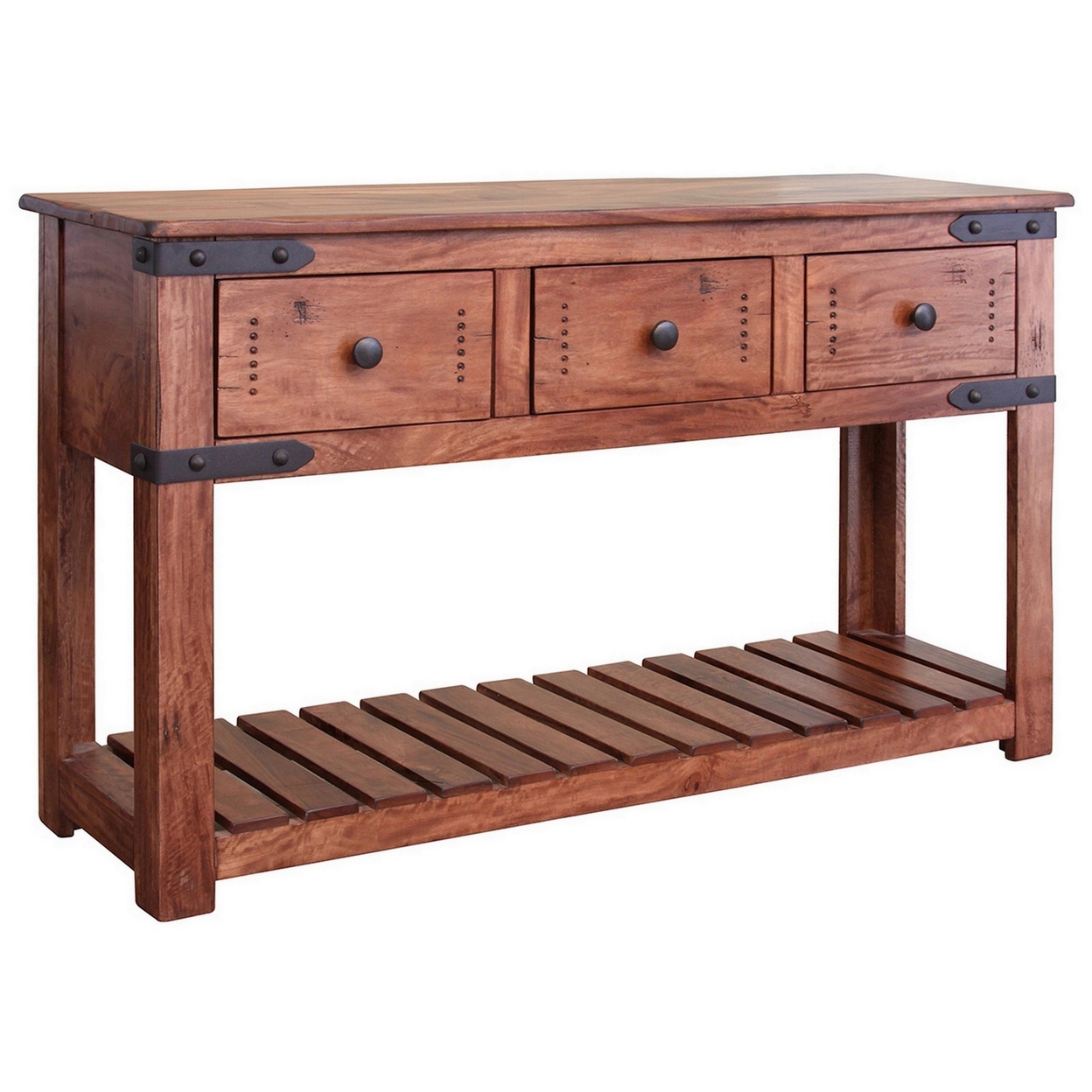 Umey 55 Inch 3 Drawer Sofa Table, Slatted Bottom Shelf, Brown Mango Wood- Saltoro Sherpi