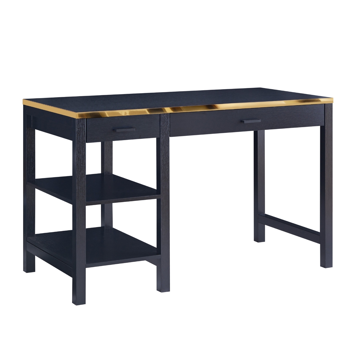 2 Drawer Rectangular Desk With 2 Open Shelves, Black And Gold- Saltoro Sherpi