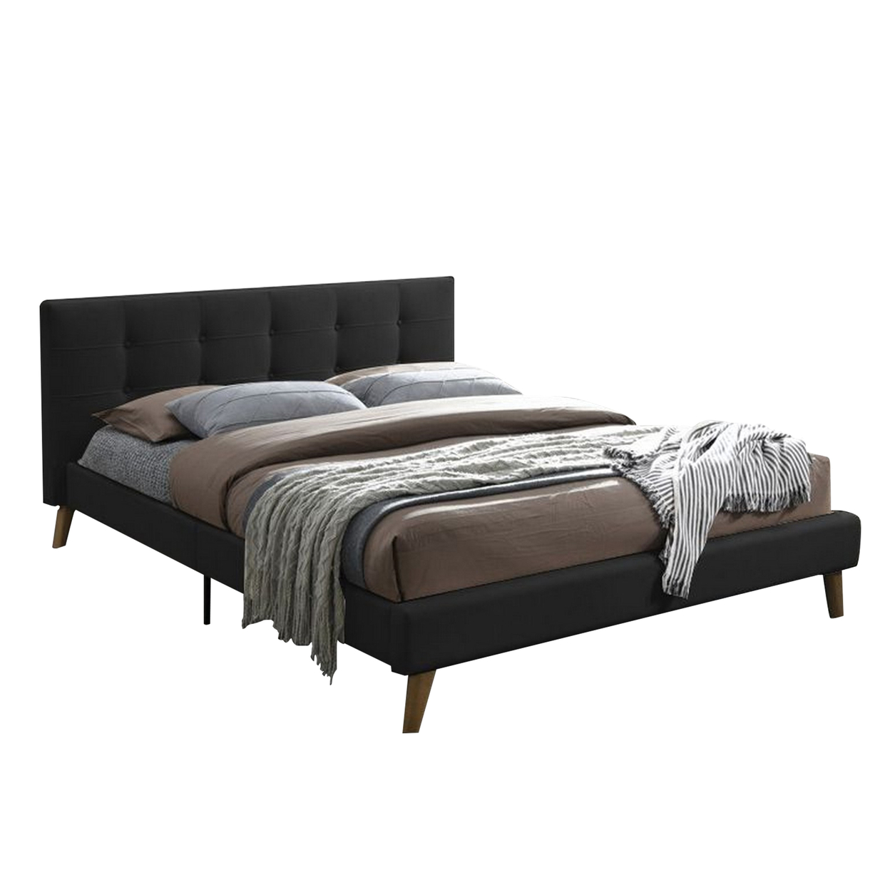 Square Tufting Fabric Queen Bed With Angled Wooden Legs, Dark Gray- Saltoro Sherpi