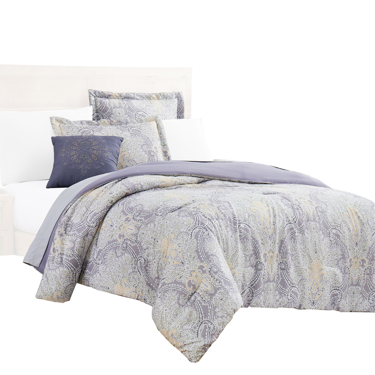 Chania 8 Piece King Bed Set With Paisley Print The Urban Port, Purple And White- Saltoro Sherpi