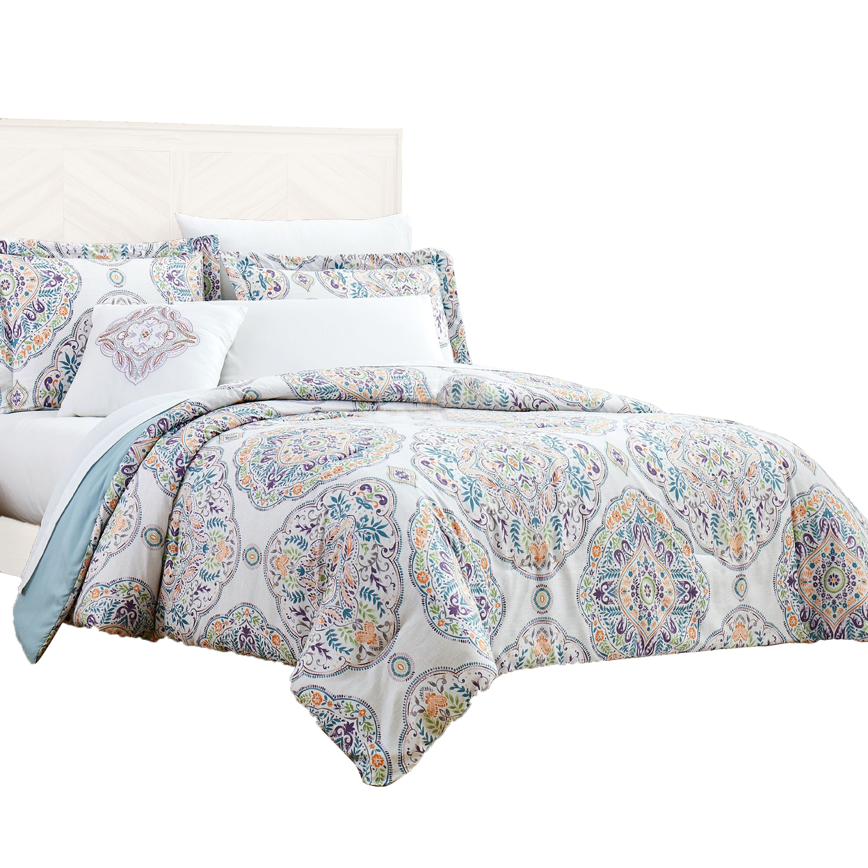 Chania 8 Piece King Bed Set With Floral Print The Urban Port, Multicolor- Saltoro Sherpi