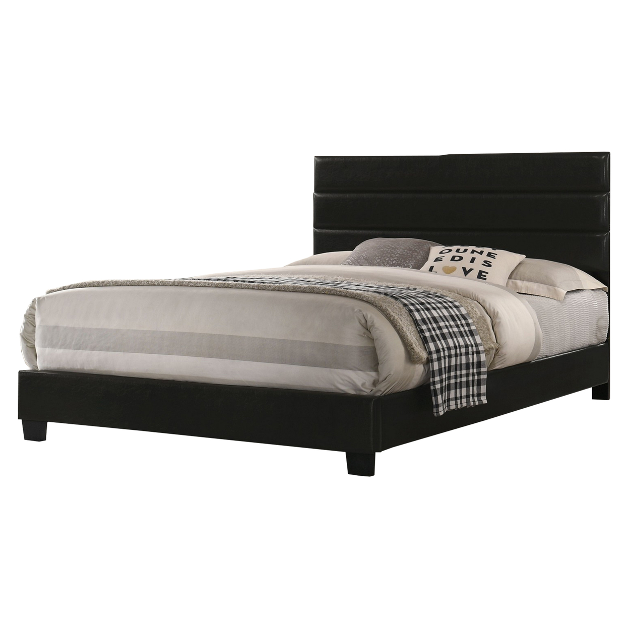 Leatherette Upholstered King Bed With Panel Headboard, Black- Saltoro Sherpi