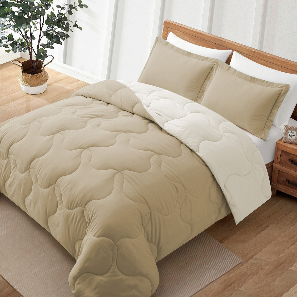 3 Or 2 Pieces Lightweight Reversible Comforter Set With Pillow Shams - Khaki/Ivory, Full/Queen