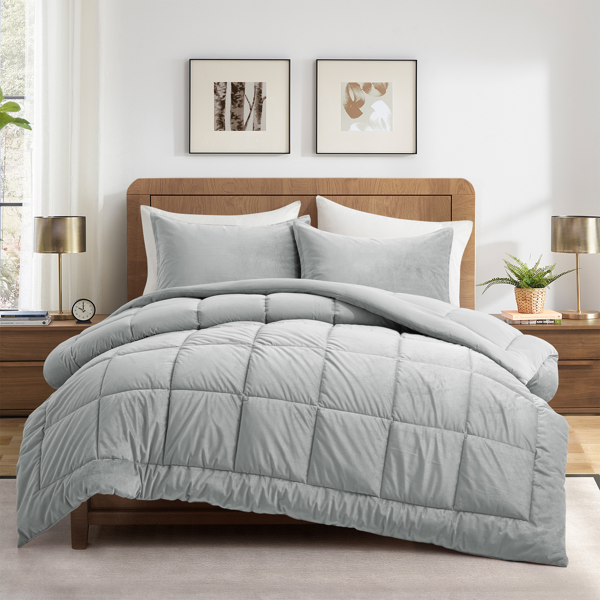 3 Piece Reversible Velvet Comforter Set With Sham - Grey, Twin