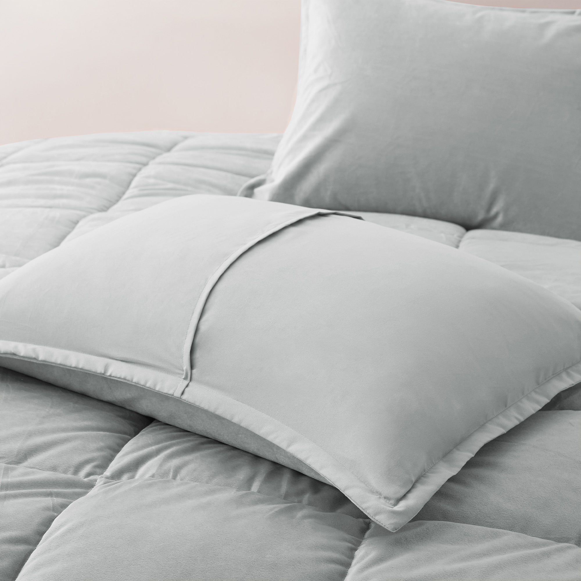 3 Piece Reversible Velvet Comforter Set With Sham - Grey, King