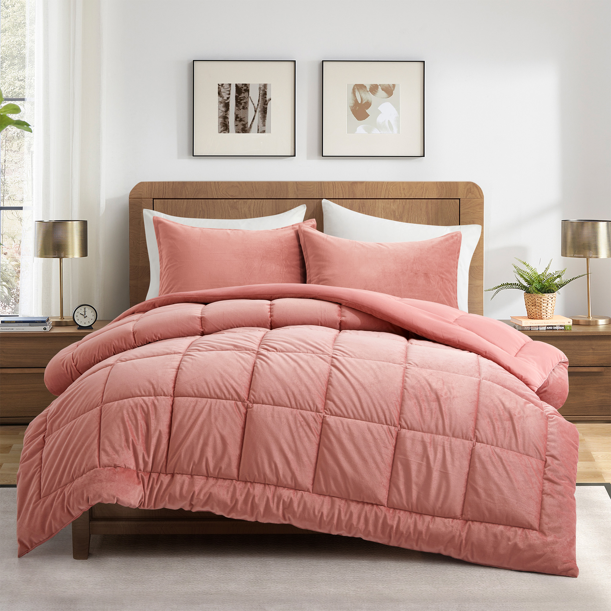 3 Piece Reversible Velvet Comforter Set With Sham - Pink, King