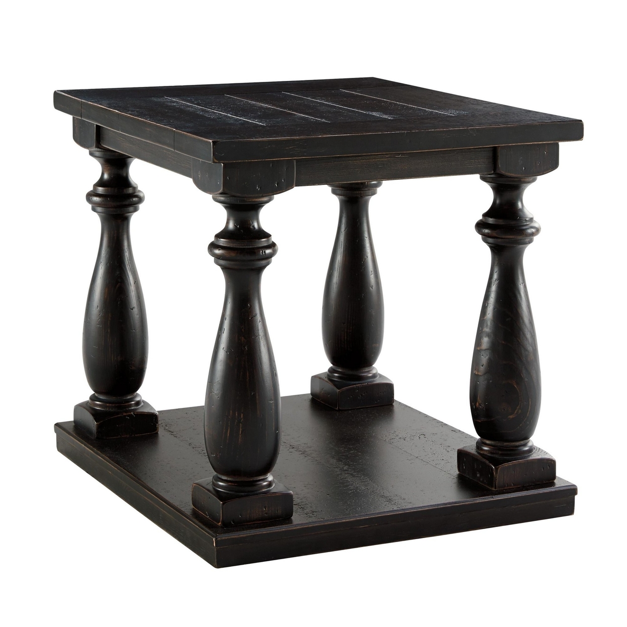 Plank Style Wooden End Table With Turned Legs And Open Bottom Shelf, Black- Saltoro Sherpi