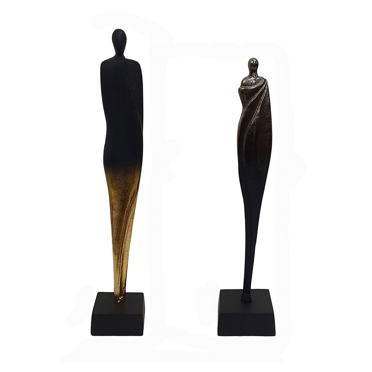 Set Of 2 Decorative Human Statuettes, Aluminum, Bold Black, Gold, Silver- Saltoro Sherpi