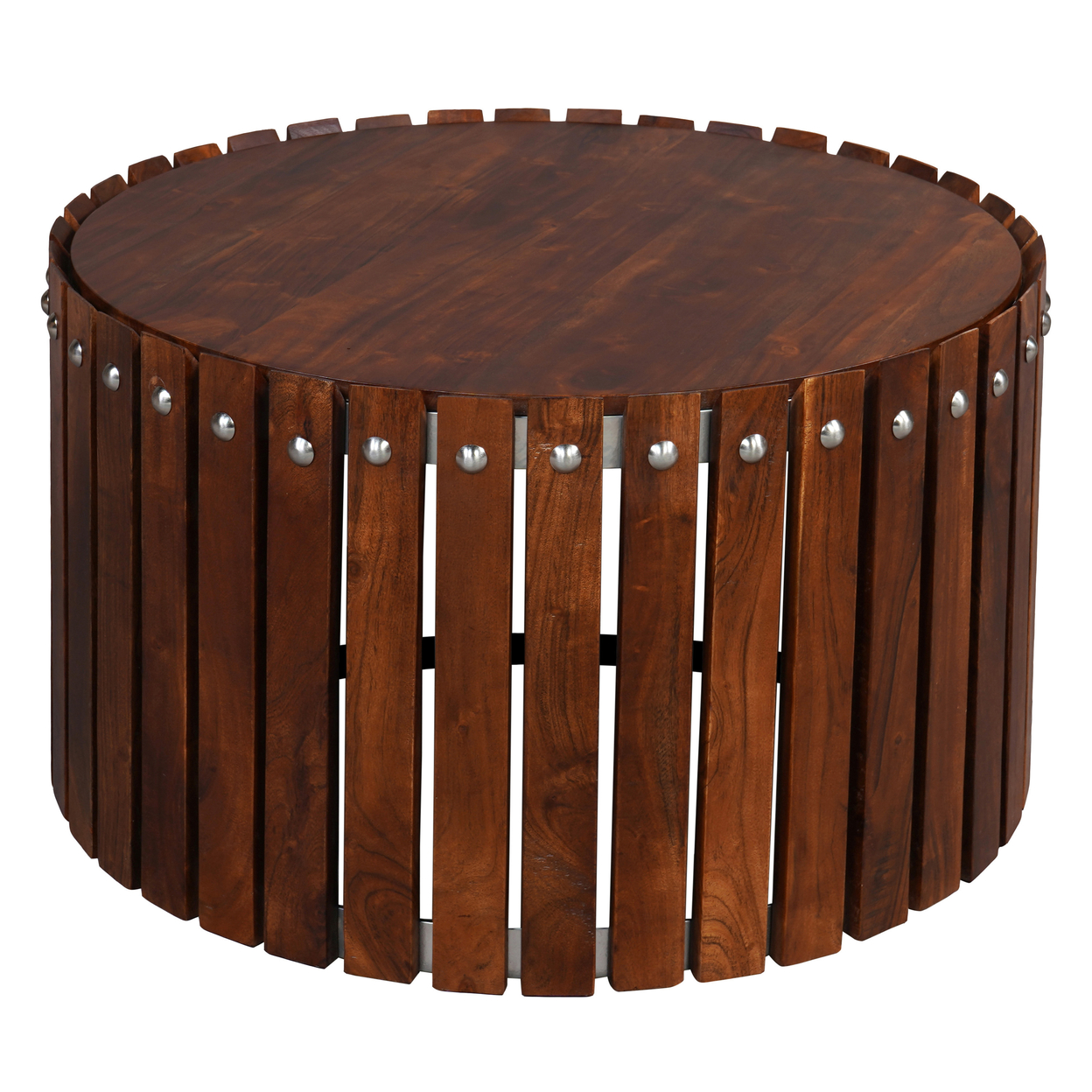 Myla 31 Inch Handcrafted Round Coffee Table With Vertical Planks, Iron Rivets, Dark Walnut Brown Acacia Wood- Saltoro Sherpi