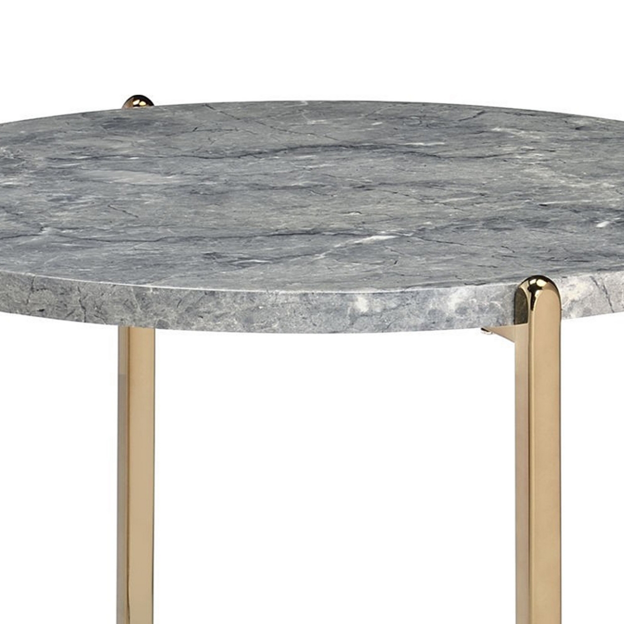 End Table With Oval Marble Top And X Shaped Support, Gray And Gold- Saltoro Sherpi