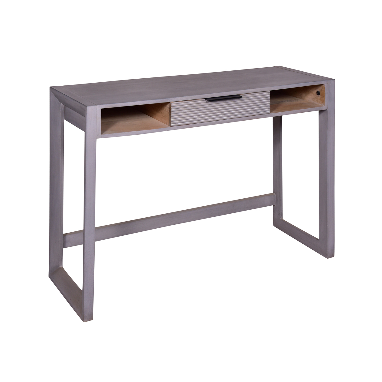 44 Inch Mango Wood Desk Minimalistic Entryway Console Table, Single Drawer, Textured Groove Lines, Gray- Saltoro Sherpi