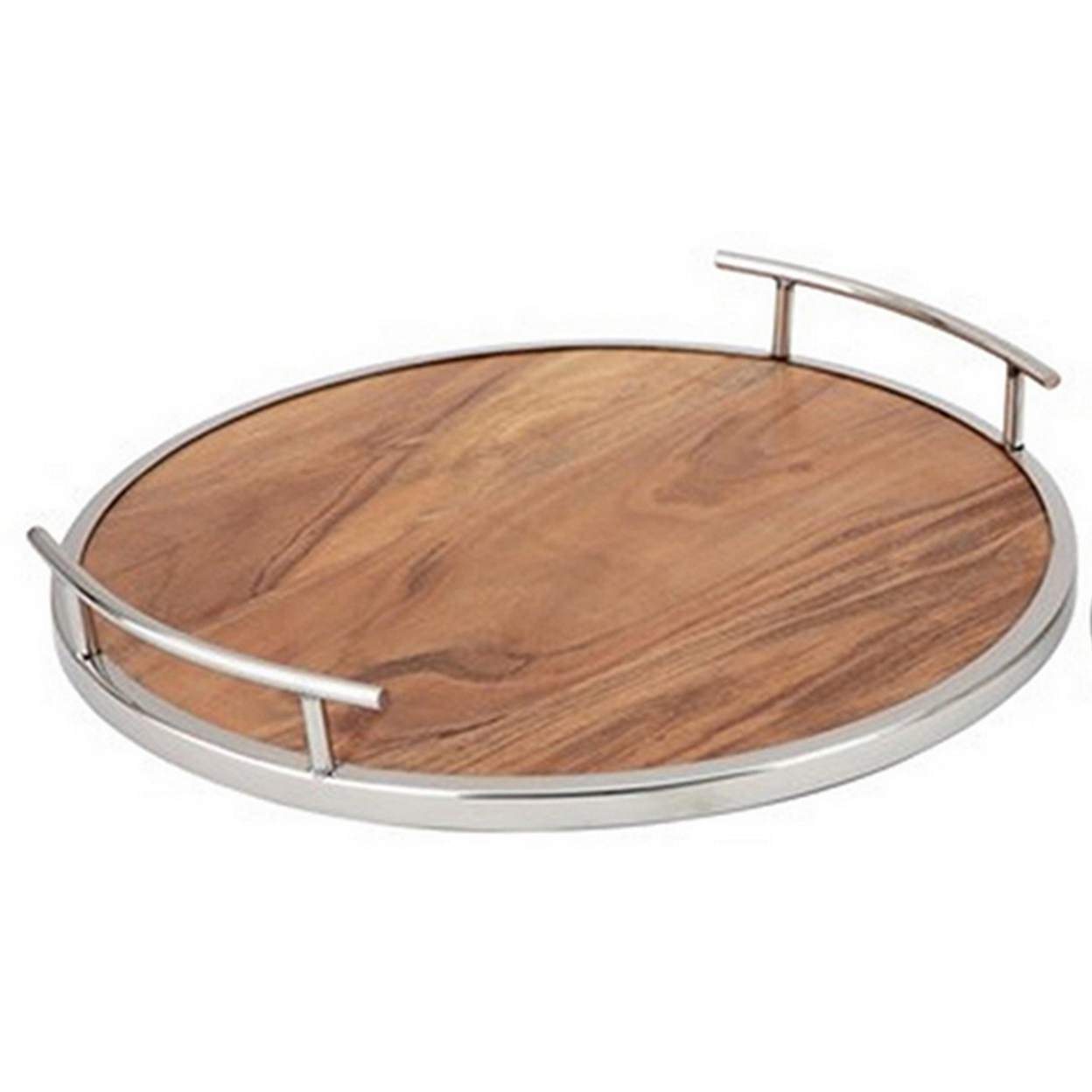 Set Of 2 Round Decorative Trays, Stainless Steel, Mango Wood Surfaces - Saltoro Sherpi