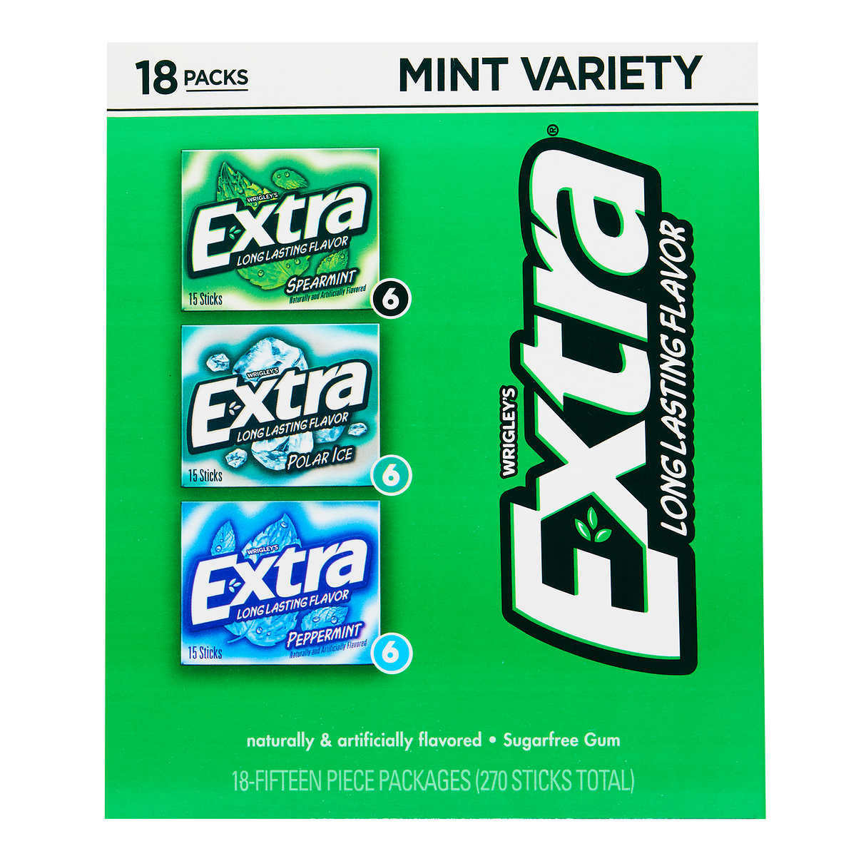 Extra Sugar Free Chewing Gum, Mint Variety Pack, 15 Sticks (18 Count)