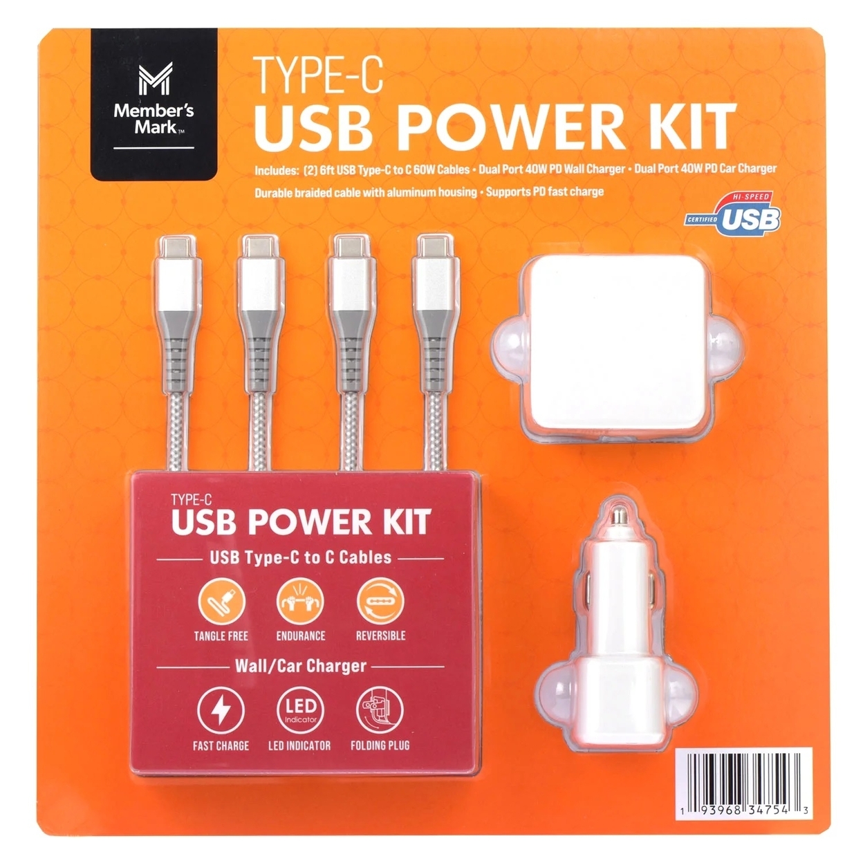 Member's Mark USB PD Power Pack For Type-C: Car & Wall Charger & 2 USB-C Cable