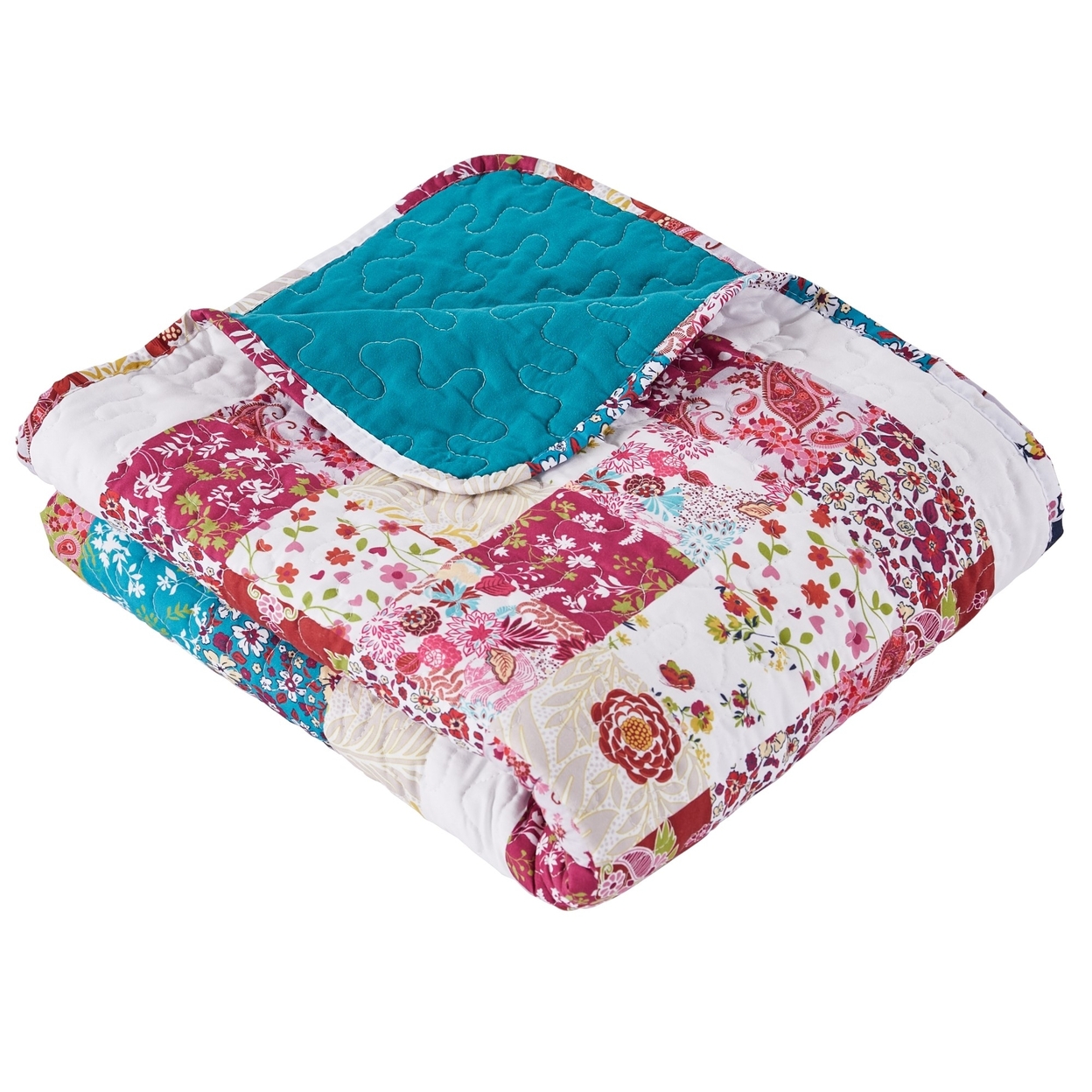 Zay 60 Inch Throw Blanket, Patchwork Floral Print, Teal Blue Microfiber- Saltoro Sherpi
