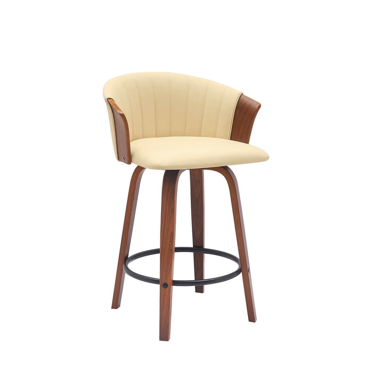 Oja 26 Inch Swivel Counter Stool Chair, Cream Vegan Leather, Walnut Brown - Saltoro Sherpi