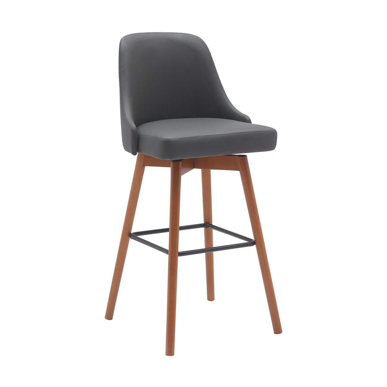 Sean 30 Inch Barstool Chair, Swivel, Parson, Gray Faux Leather Walnut Brown - Saltoro Sherpi