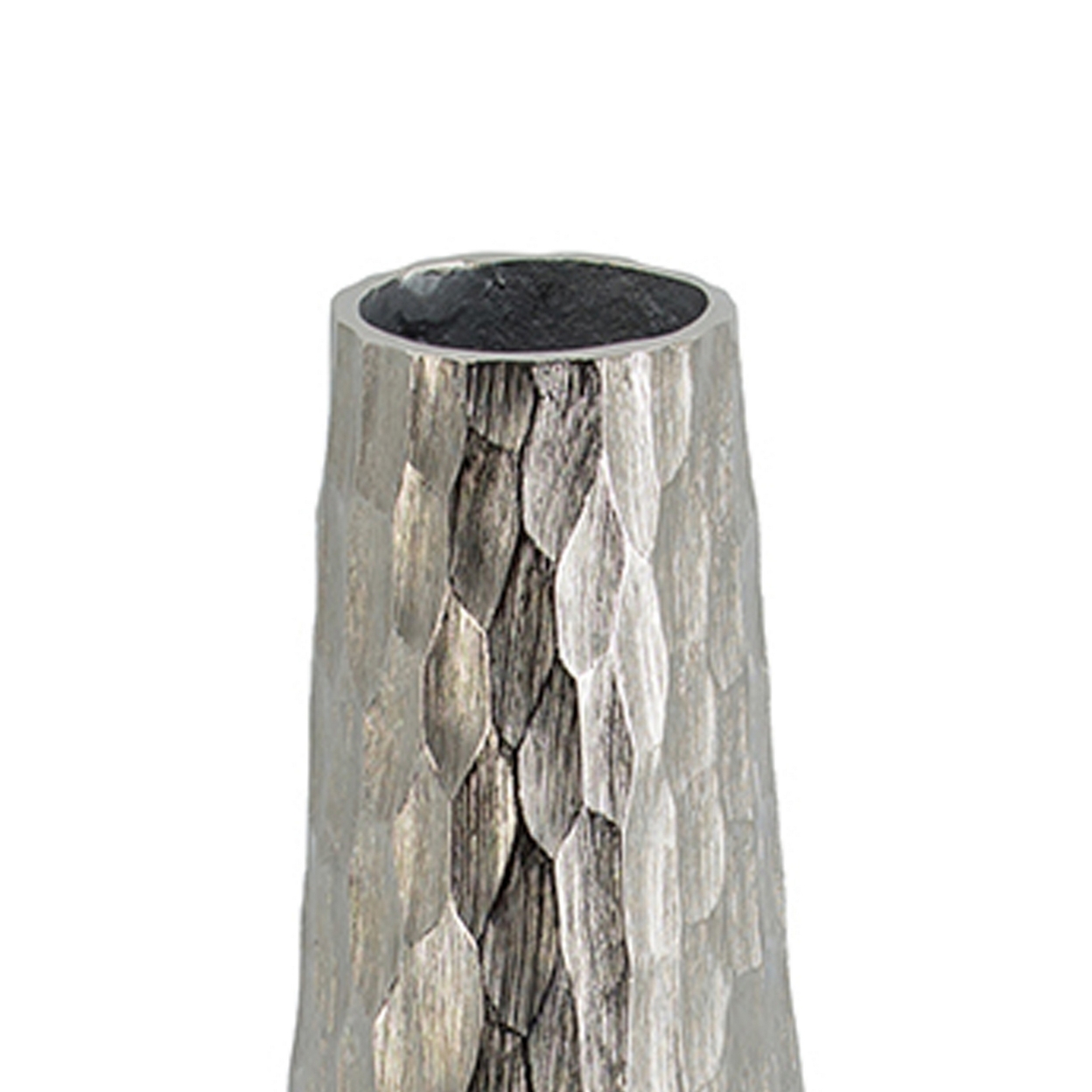 19 Inch Contemporary Tall Oblong Vase, Silver Aluminum, Hammered Texture- Saltoro Sherpi
