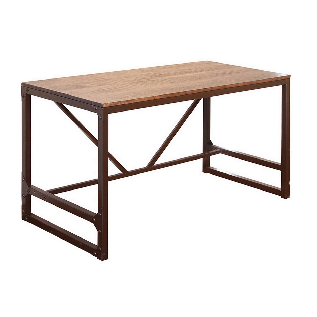 Itzy 59 Inch Rustic Office Desk With Iron Base, Pine And Mango Wood, Brown- Saltoro Sherpi