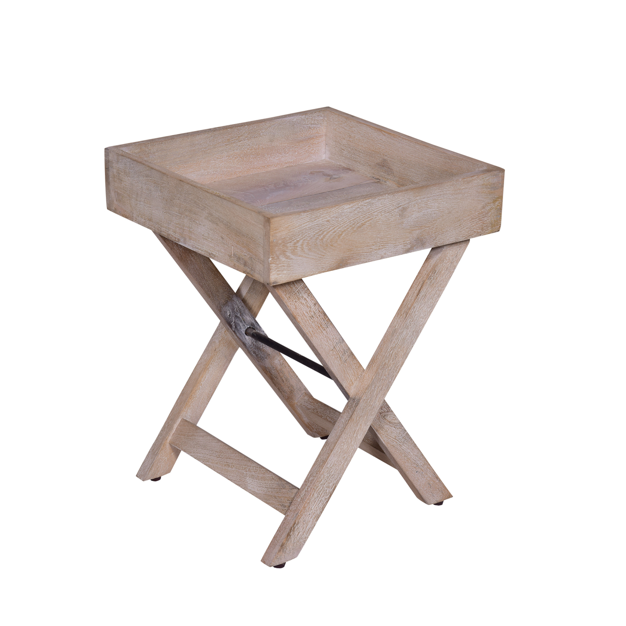 22 Inch Farmhouse Square Tray Top End Table, Mango Wood, X Shape Foldable Frame, Washed White- Saltoro Sherpi