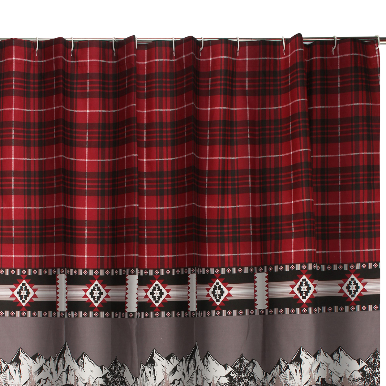 Sofia 72 Inch Bear Shower Curtain, Red And Black Plaid, Poly Microfiber