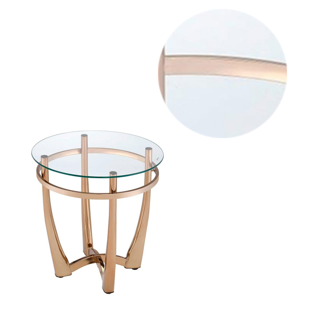 Glass Round End Table With Metal Base, Champagne And Clear Glass- Saltoro Sherpi