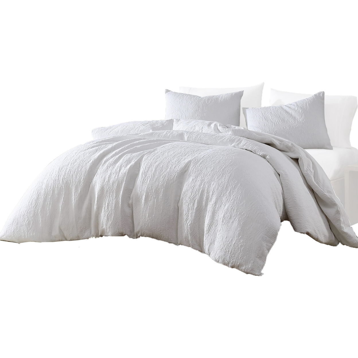 Axel 4 Piece Queen Size Duvet Comforter Set, Floral Woven White Cotton - Saltoro Sherpi