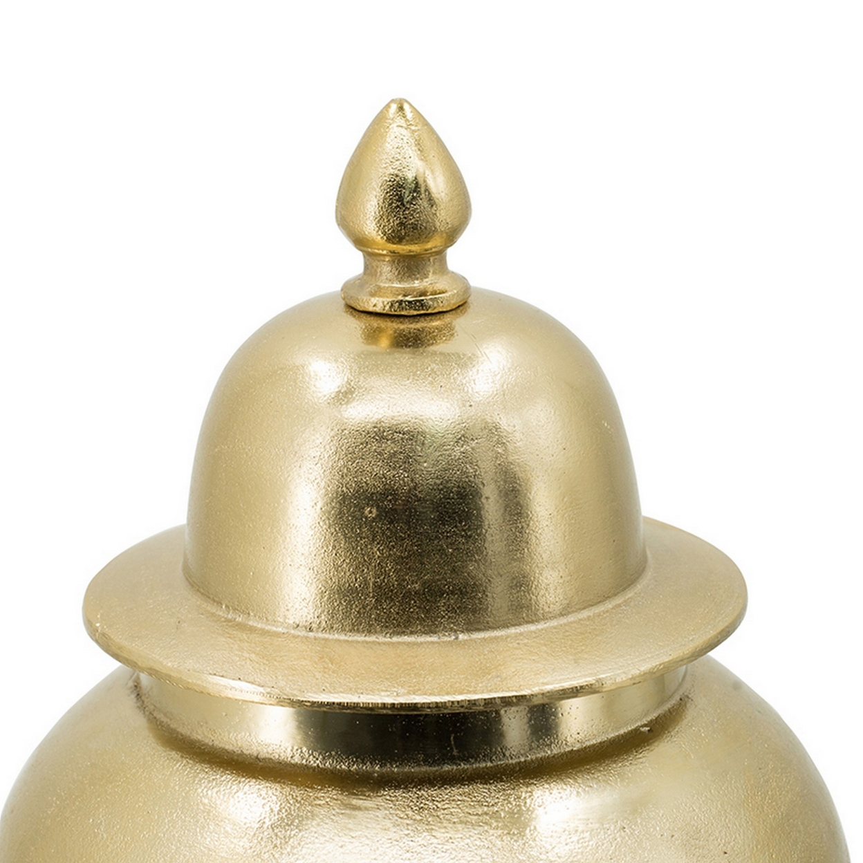 21 Inch Lidded Vase Urn, Finial Accent, Brilliant Gold Aluminum Finish- Saltoro Sherpi