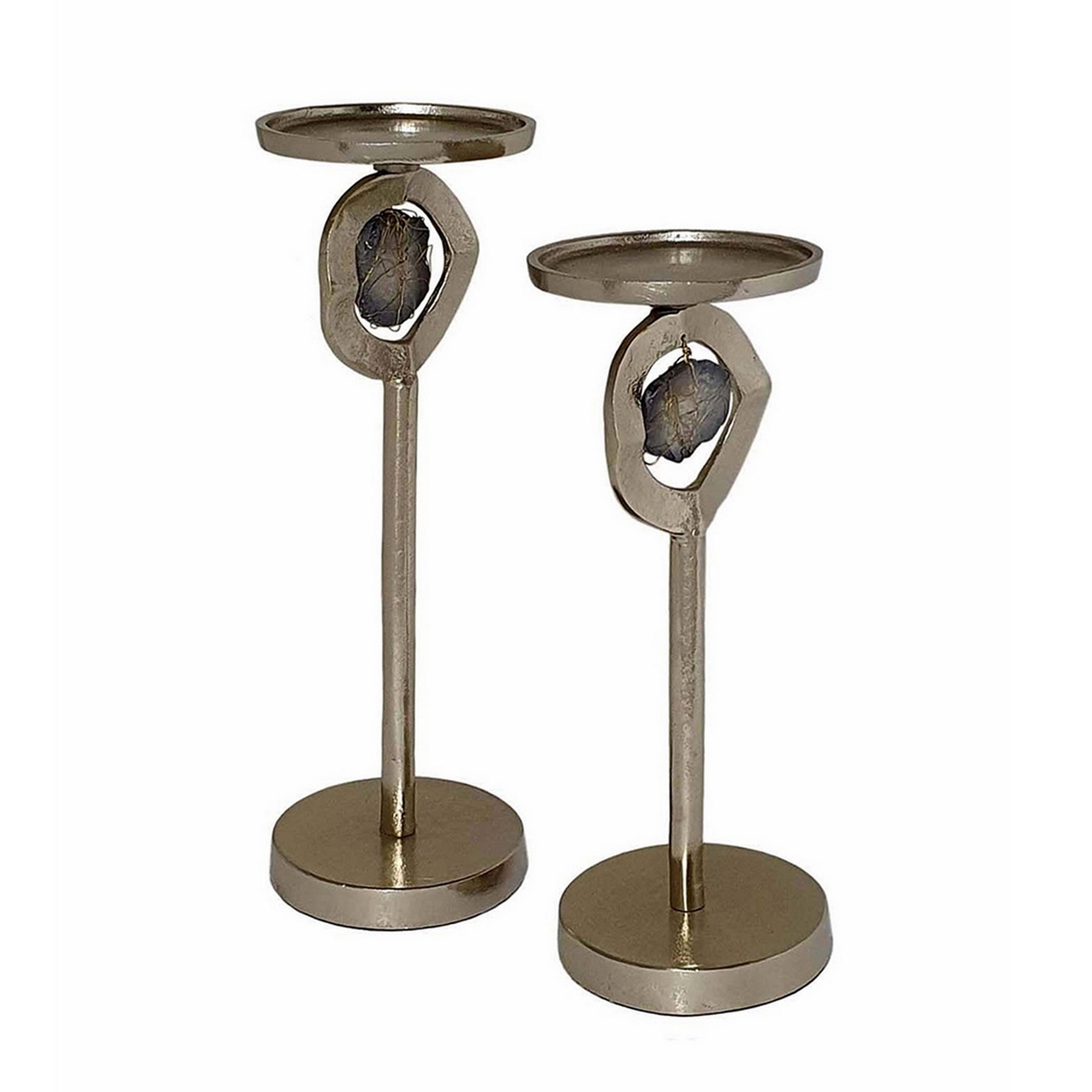 Set Of 2 Decorative Aluminum Candle Holders, Ringed Stone Design, Gold- Saltoro Sherpi