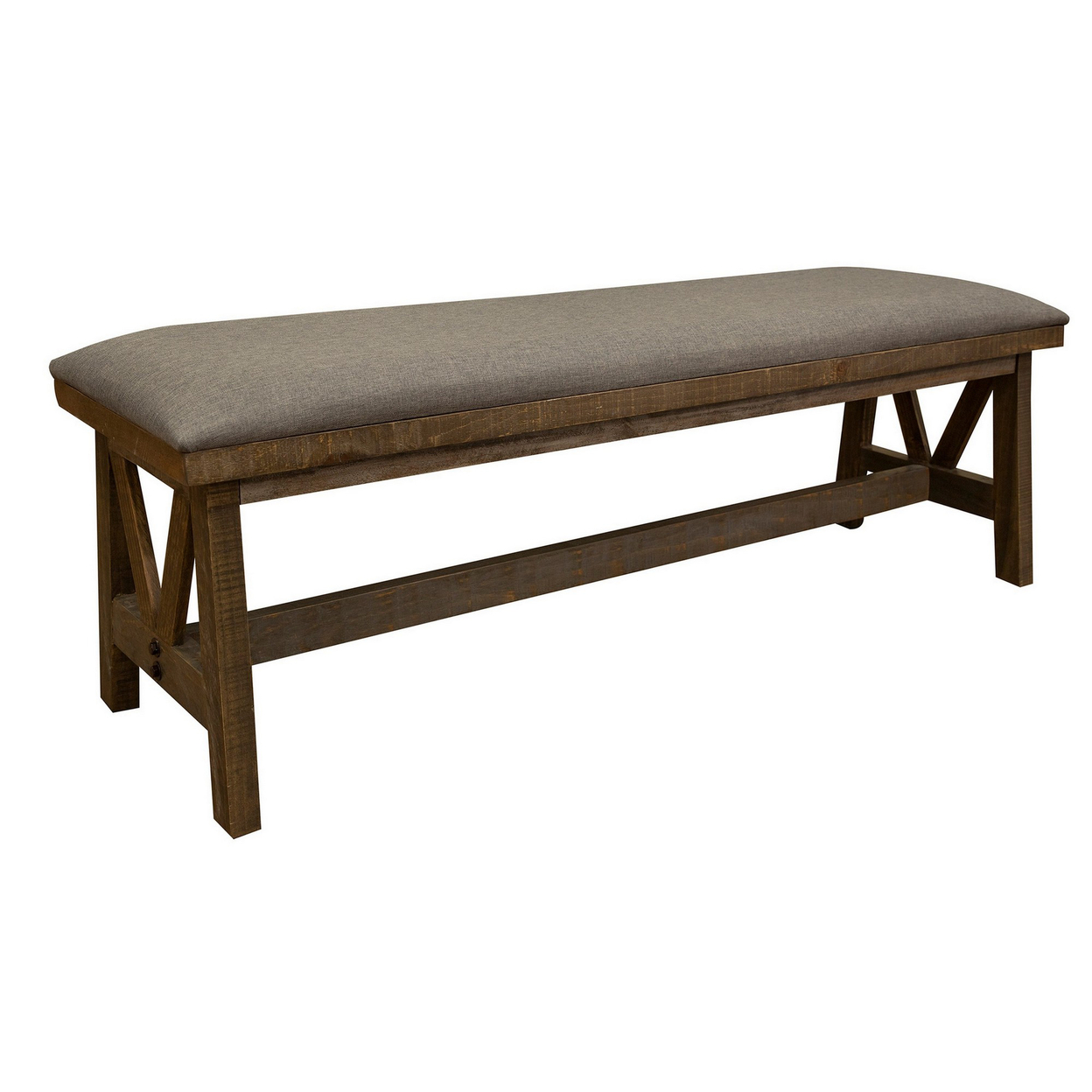 Peya 54 Inch Bench, Solid Pine Wood, Gray Polyester Padded Seat, Brown Legs- Saltoro Sherpi