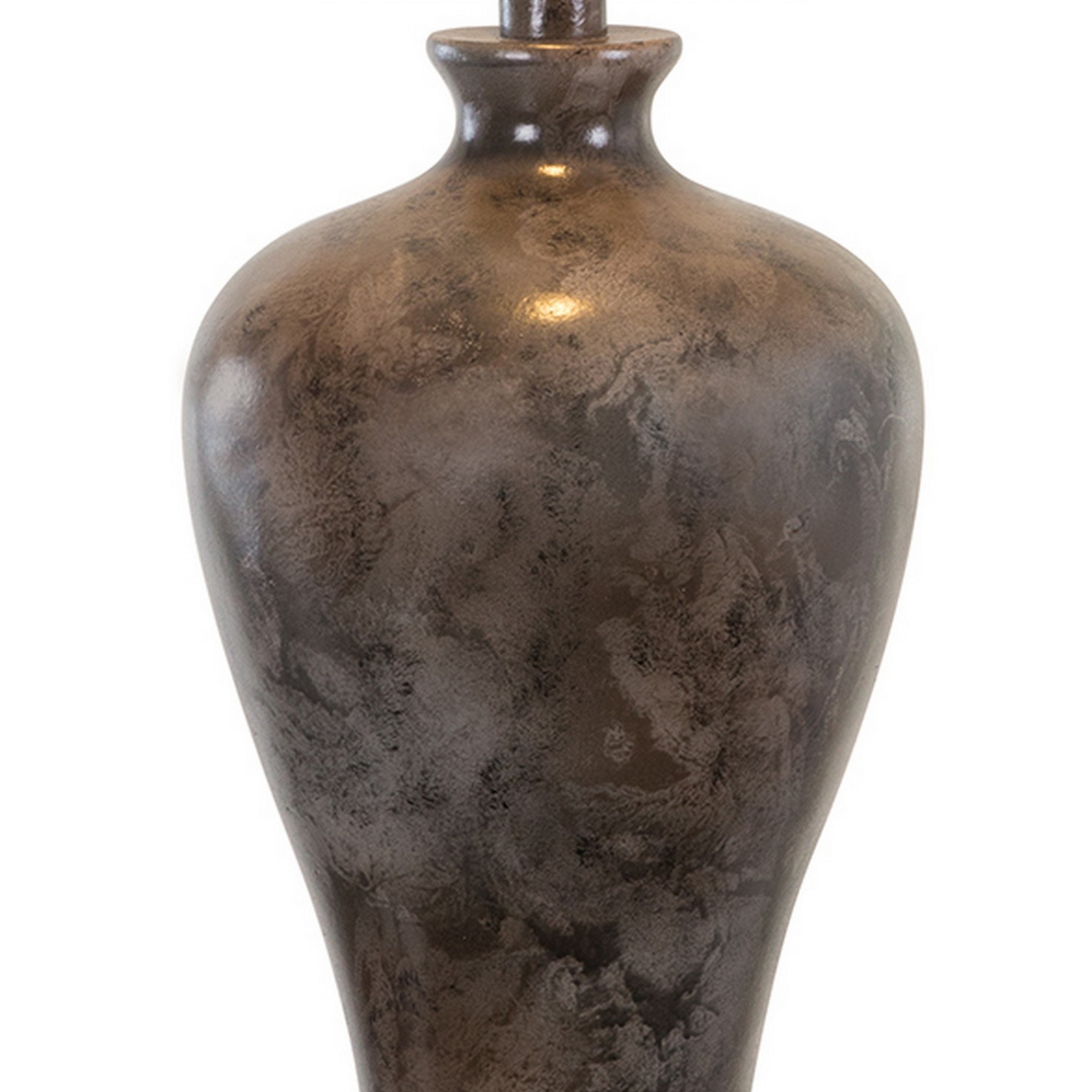 Kiza 29 Inch Table Lamp, Elongated Curved Urn, Dark Brown Stone Design- Saltoro Sherpi