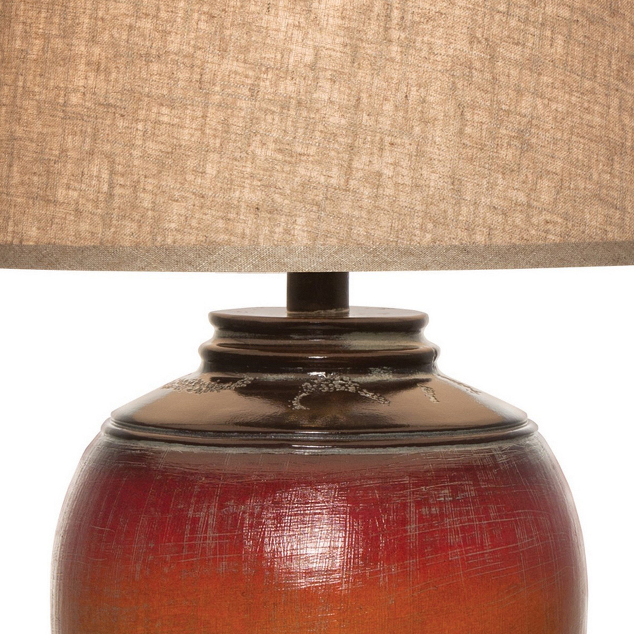 Ruhi 31 Inch Table Lamp, Curved Pot, Multicolor, Drum Shade, Brown, Orange - Saltoro Sherpi