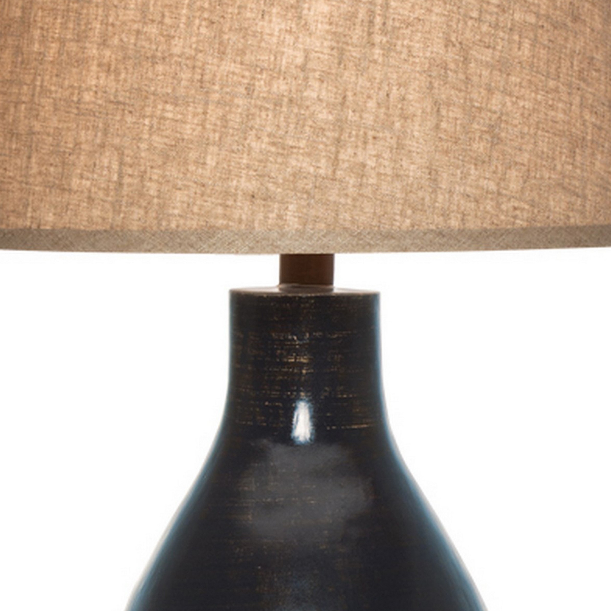 31 Inch Table Lamp, Indigo Blue Curved Pin Design Base, Fabric Drum Shade- Saltoro Sherpi