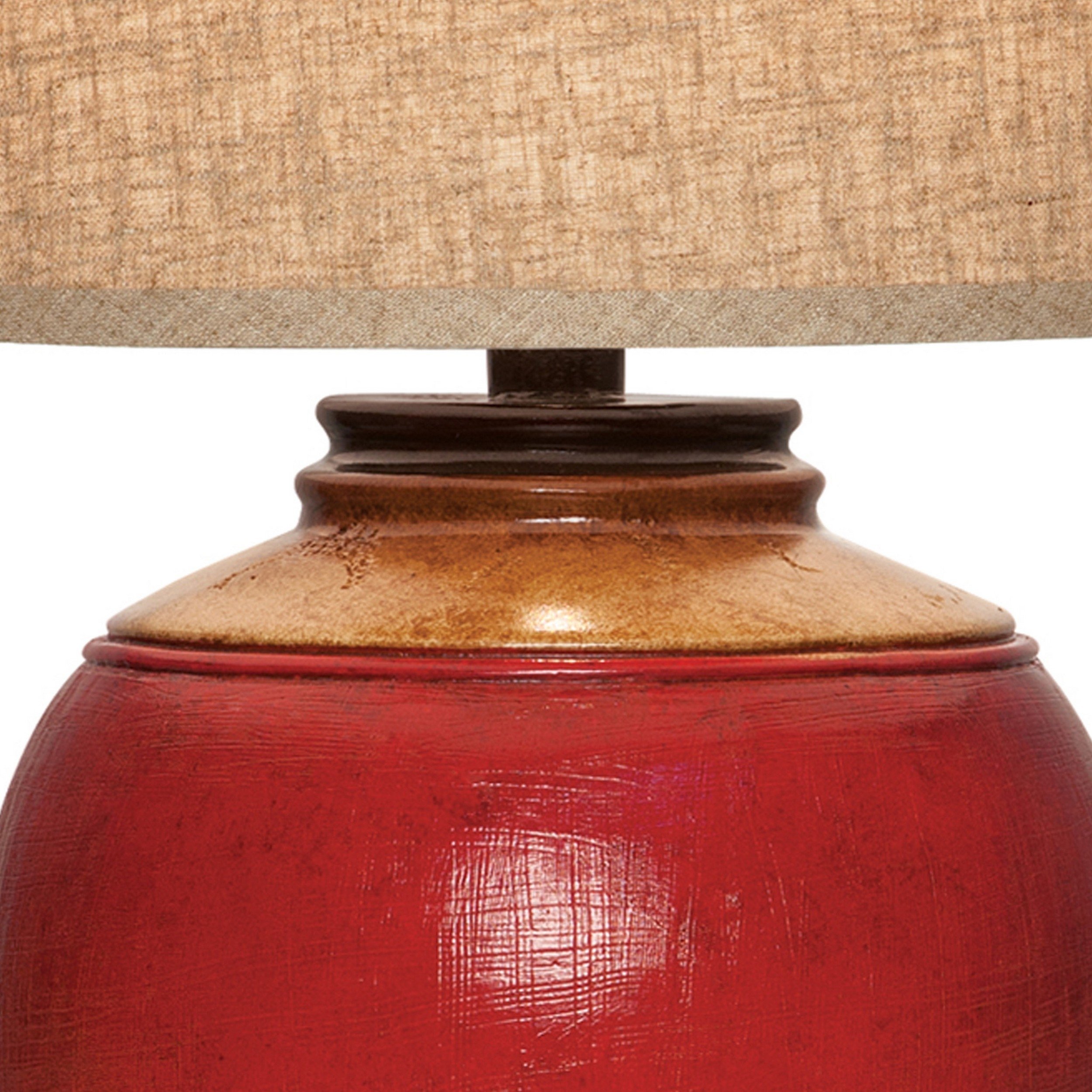 Ruhi 31 Inch Table Lamp, Curved Pot, Multicolor Red And Orange, Drum Shade- Saltoro Sherpi