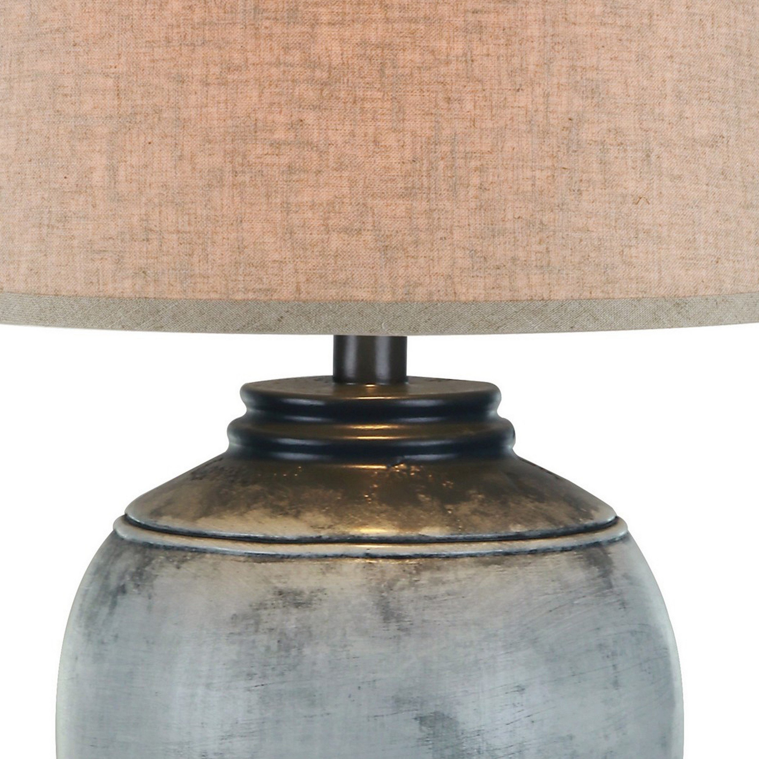 Ruhi 29 Inch Table Lamp, Curved Pot, Distressed Smokey Gray, Drum Shade- Saltoro Sherpi