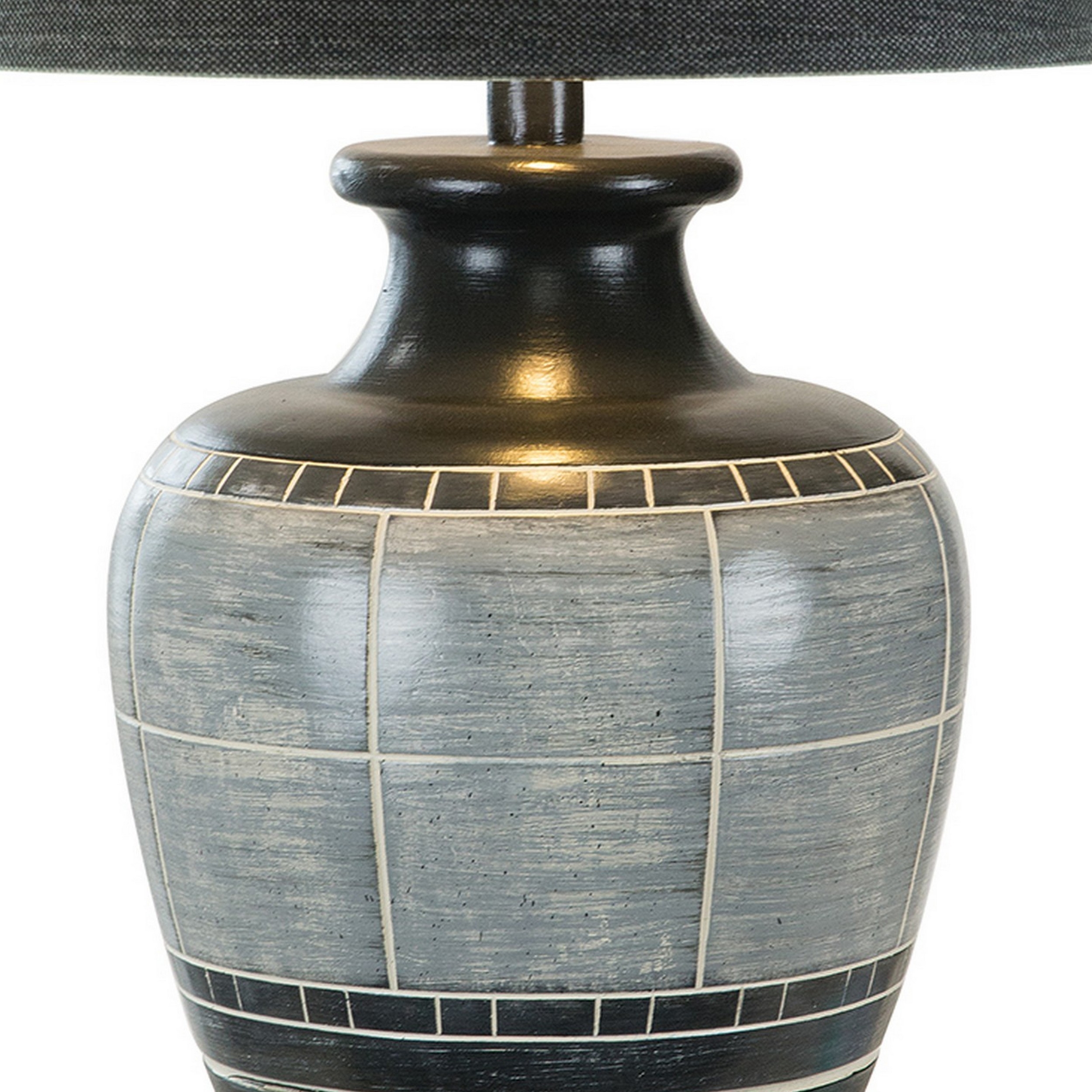 Riza 30 Inch Table Lamp, Curved Vase Shape, Dual Tone Gray, Drum Shade- Saltoro Sherpi