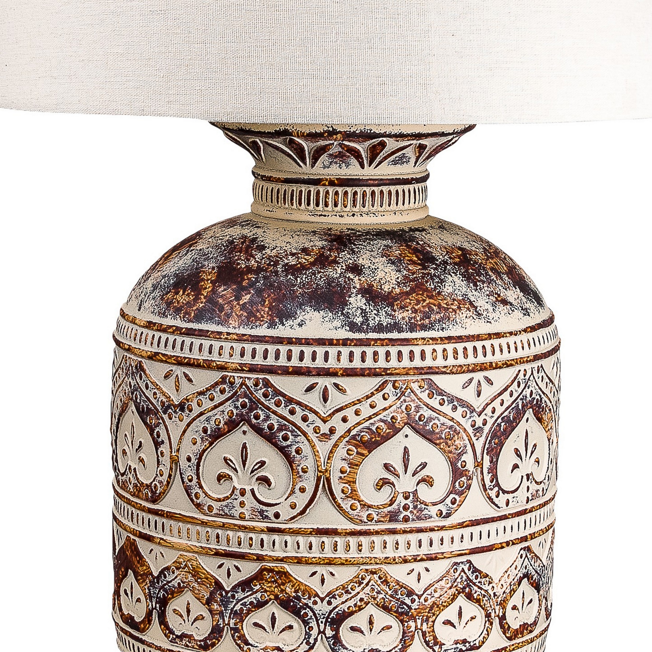 24 Inch Table Lamp, Pot Shaped Base, Fabric Drum Shade, Cream, Brown- Saltoro Sherpi