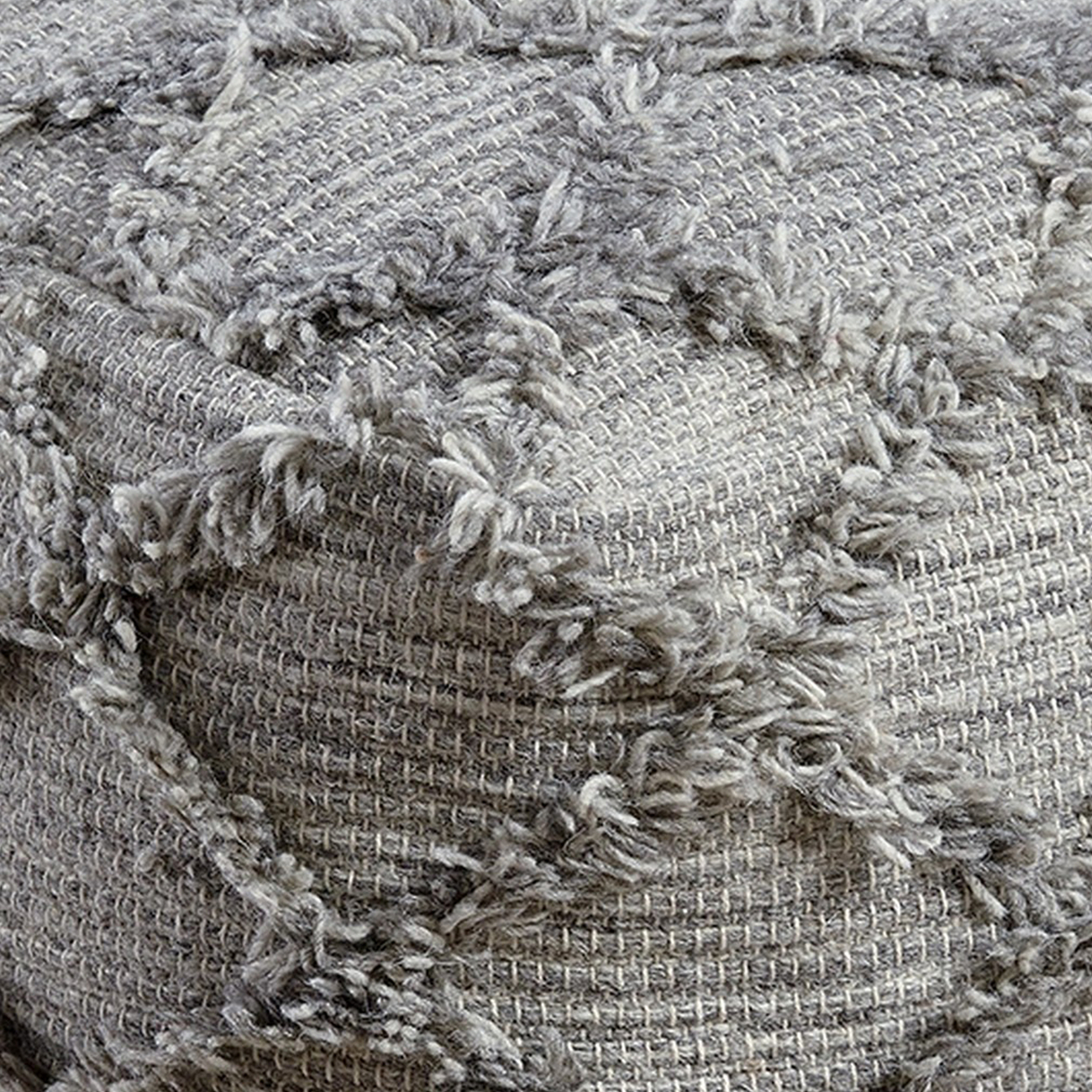 16 Inches Woolen Pouf With Hand Woven Diamond Fringe, Gray- Saltoro Sherpi
