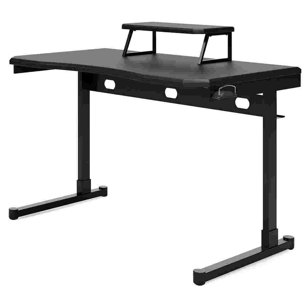 Office Desk With Raised Monitor Stand And Side Hanger, Black- Saltoro Sherpi