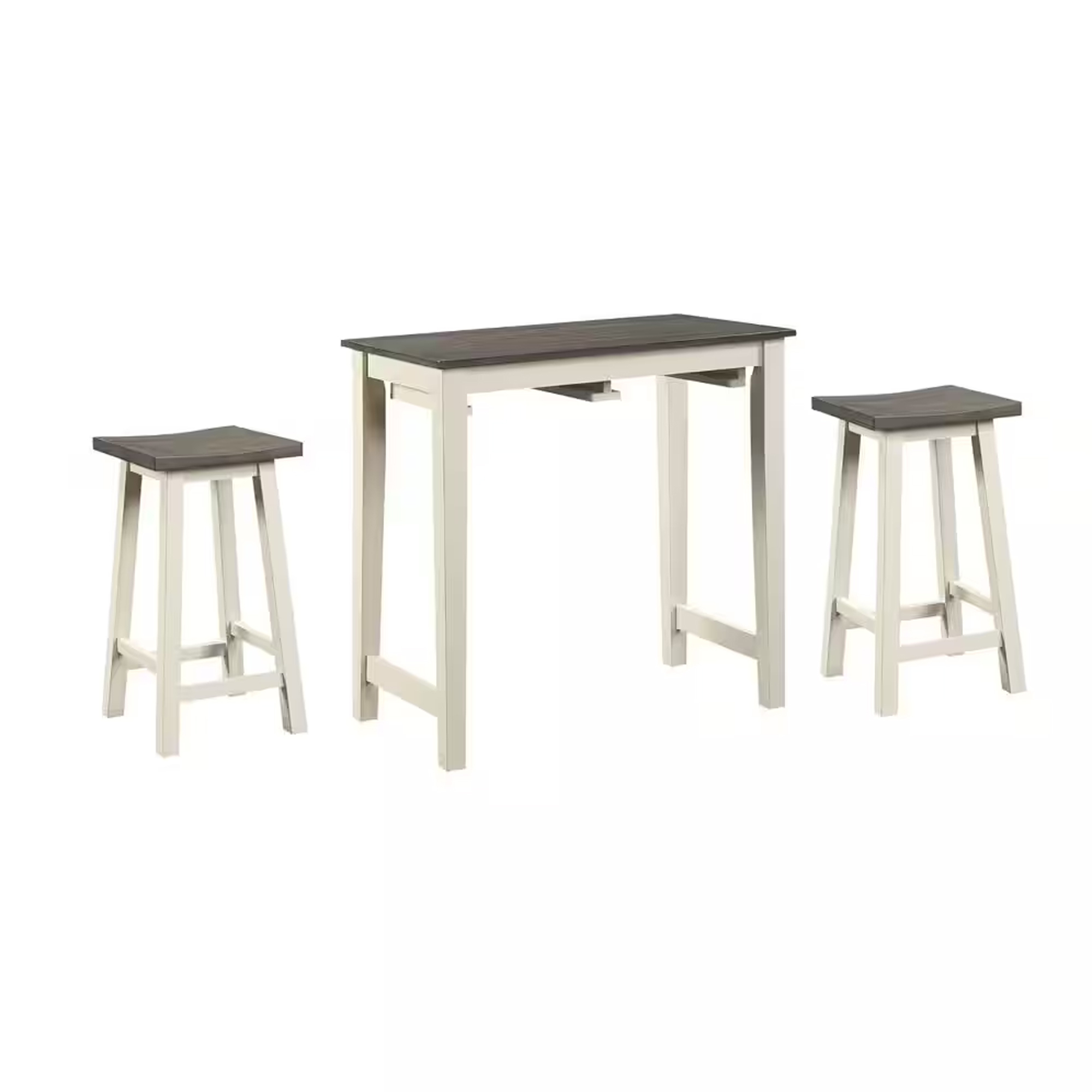 3 Piece Set Solid Wood Counter Dining Table With 2 Stools, White, Gray- Saltoro Sherpi