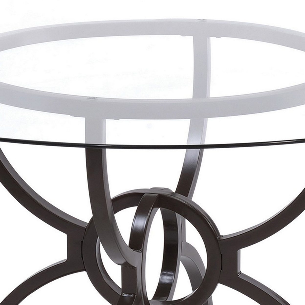 30 Inch Round Dining Table, Clear Glass Top, Interlocked Ring Motif Legs - Saltoro Sherpi